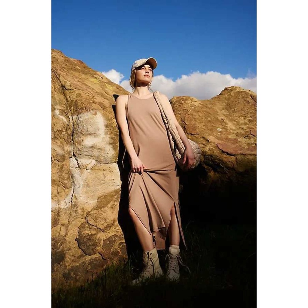 Free People Movement Hot Shot Maxi Dress Taupe Brown Cutout Pocket Large